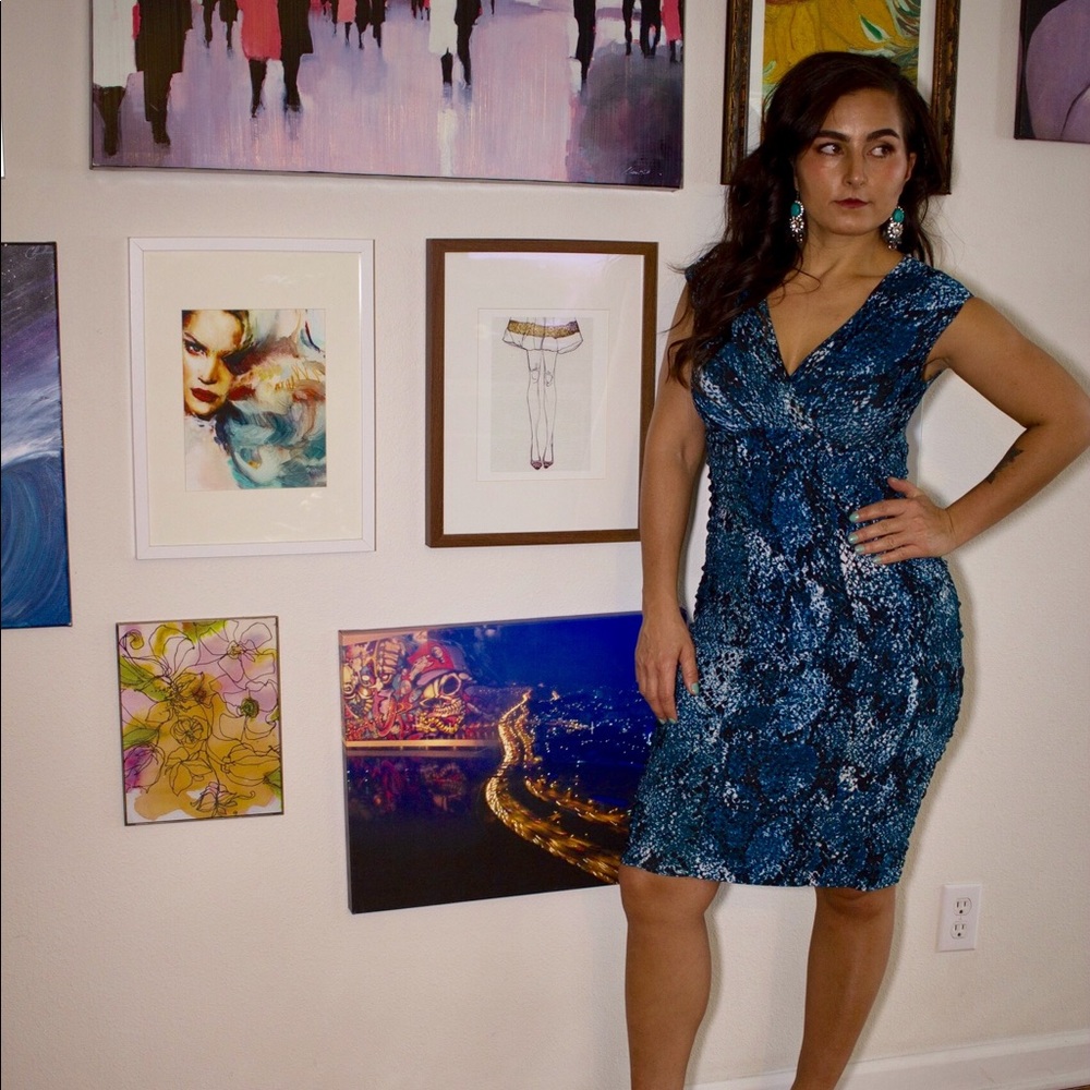 Evan Picone ruched blue snakeskin dress